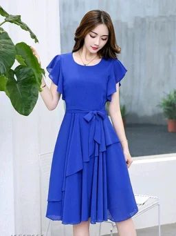 Elizy Women Black Plain Flair Georgette Short Dress - XL, Royal Blue